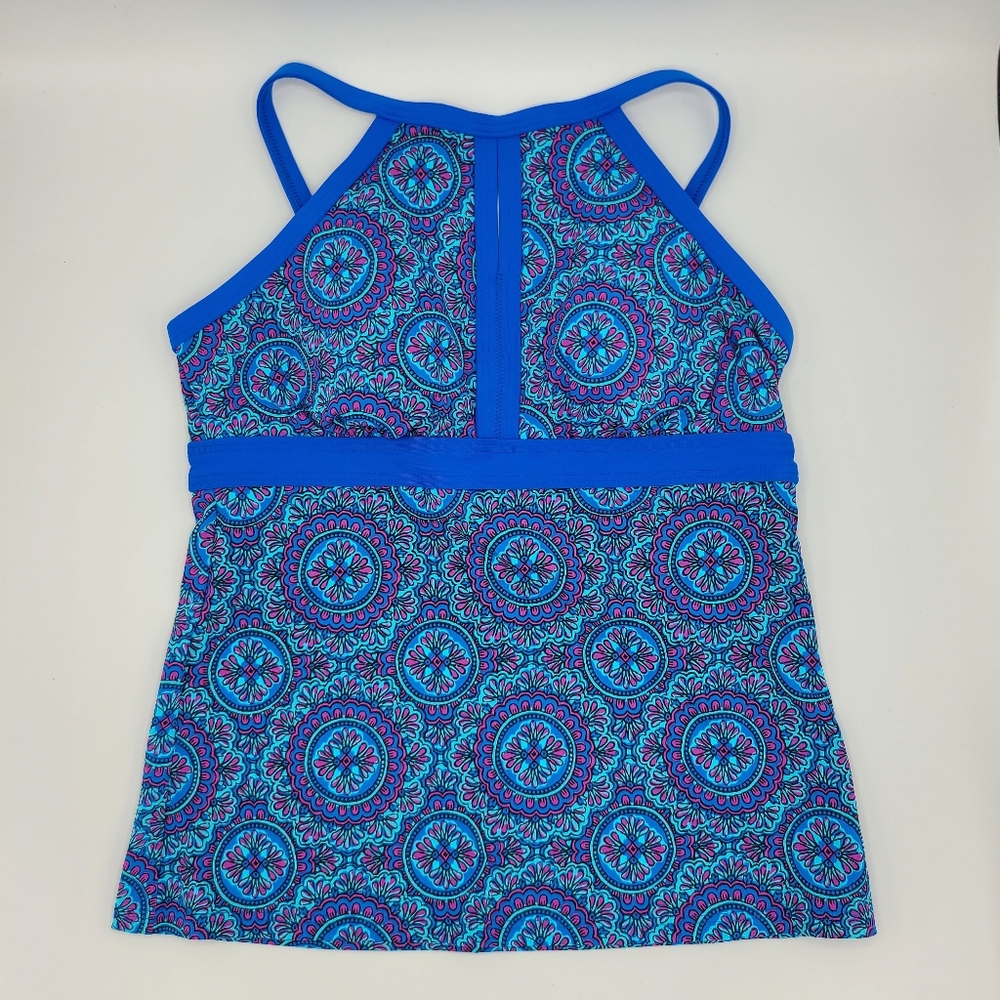 Lands' End Keyhole High Neck Tankini Top Fresh Boreal Blue Medallion Print 2P